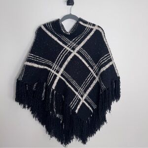 Black and White Plaid Poncho with Fringe